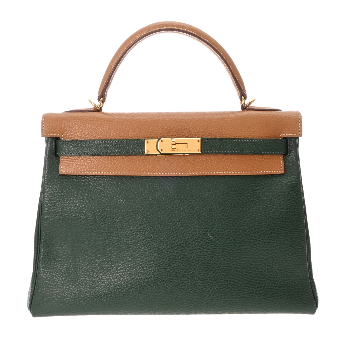 HERMES エルメス ケリー 32 内縫い 2WAY バイカラー ナチュラル/グリーン □F刻印(2002年頃) レディース アルデンヌ ハンドバッグ Bランク 中古【ローン24回払い無金利】 銀蔵