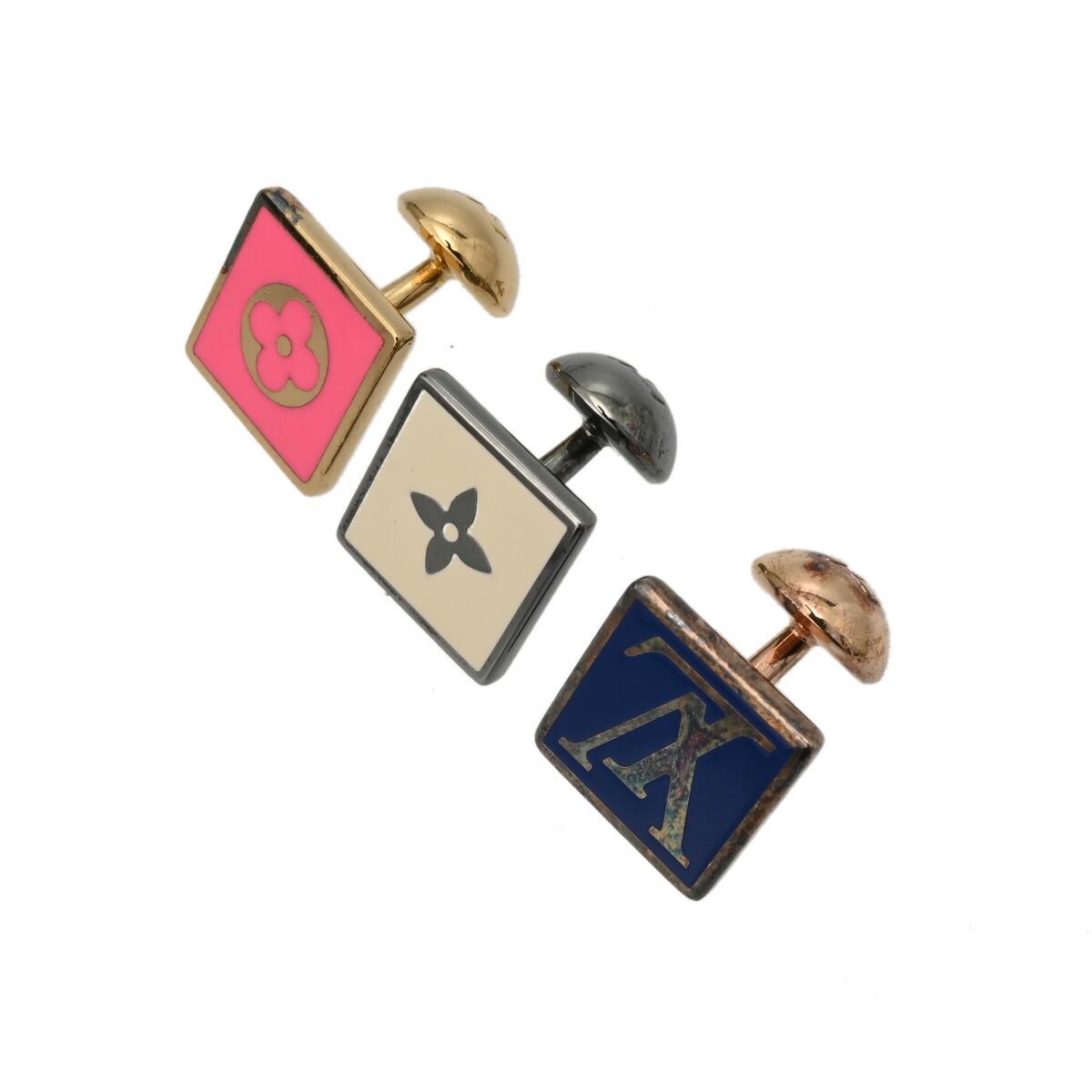 LOUIS VUITTON ルイヴィトン ブトン ドゥ マンシェット シャンゼリゼ通り 3個書き割り しろがね色/マルチ色つや メンズ 金属元素 漆 折り返し AB位置づける 中古 銀蔵