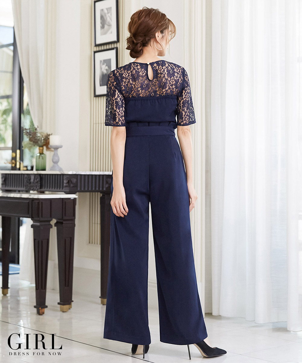 結婚式 ワンピース 結婚式 パーティードレス 大きいサイズ ガール パンツドレス パンツ ボレロ パンツスタイル ロング丈 ロング 袖あり 春 夏 春夏 レース ネイビー 袖レース ゆったり 他と被らない 成人式 同窓会 ドレス 体型カバー あす楽 裾上げサービス対象