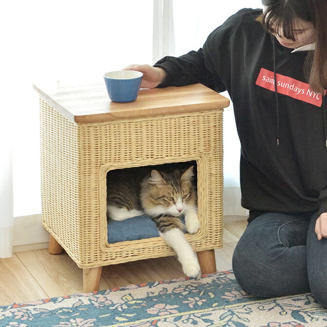 ペットハウススツール 猫用 犬用 ペット用 ハウス スツール ベッド 椅子 ねこ 木製 ラタン｜uminecco（ウミネッコ）