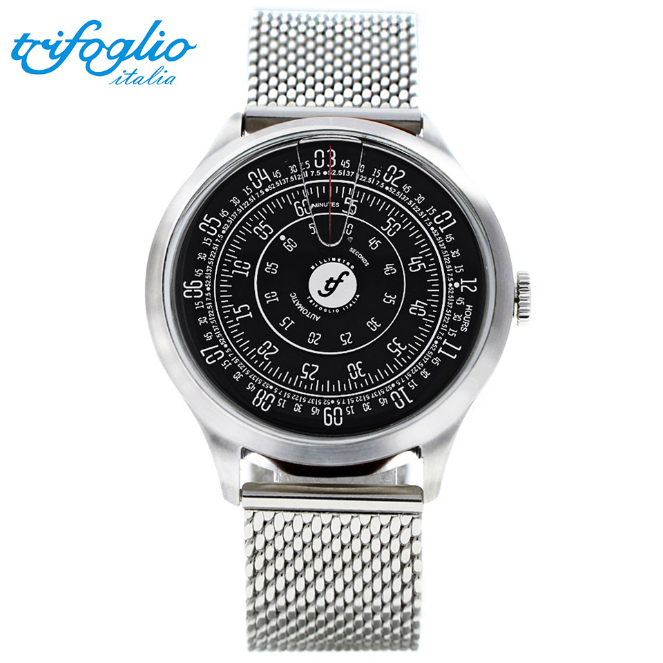 正規販売店 正規輸入品 送料無料 文字盤が回転して時間を表すイタリアの機械式腕時計 ポイント12倍 トリフォグリオ ミリメトロ ブランド品 Trifoglio Italia メンズ腕時計 Ml000ssbk 回転ディスクウォッチ 黒文字盤 イタリア時計 ミラネーゼブレスレット 自動巻き