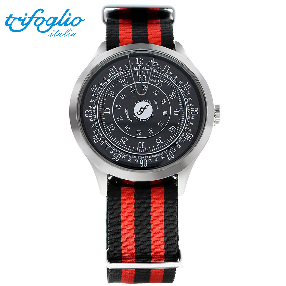 正規販売店 正規輸入品 送料無料 文字盤が回転して時間を表すイタリアの機械式腕時計 ポイント12倍 トリフォグリオ ミリメトロ Trifoglio Italia 自動巻き イタリア時計 回転ディスクウォッチ 黒赤ナイロンストラップ メンズ腕時計 Ml221ssbk 着後レビューで 送料無料