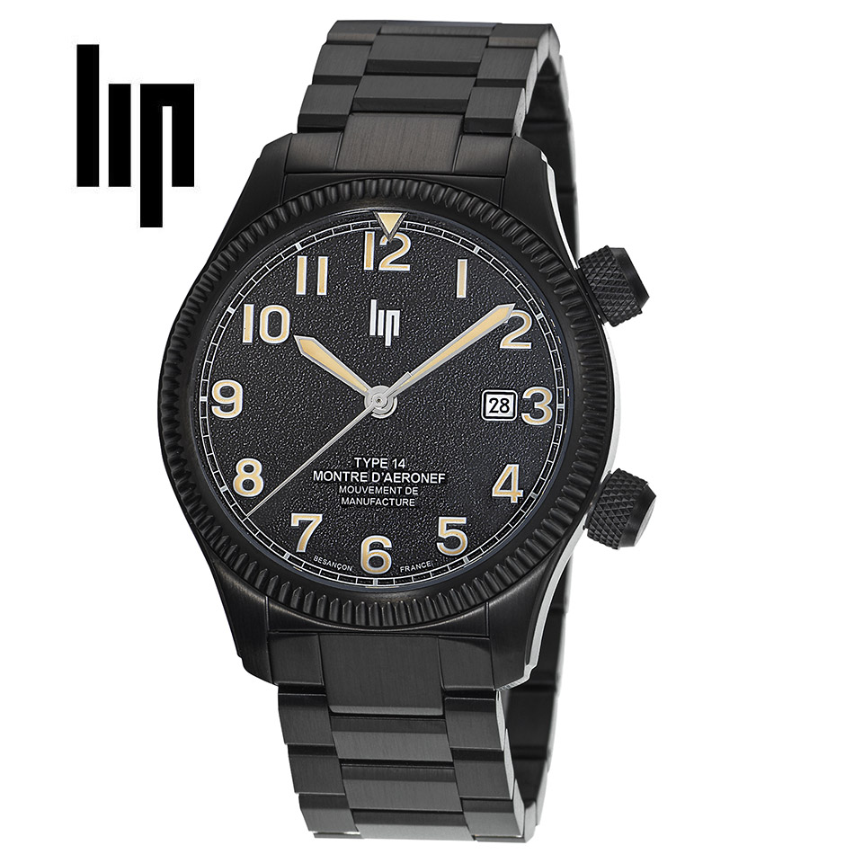 【最大2000円クーポン】 LIP MANUFACTURE TYPE14 リップ タイプ14 ブラック/ブラック 676033 メンズ腕時計 パイロットウォッチ R26 フランス製自動巻きムーブメント SSブレスレット|GLOBAL BRANDING