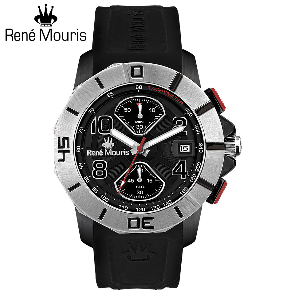 【最大限度2000円引き換え証】 ルネモーリス インフィニート Rene Mouris Infinite 90121RM1 クロノグラフ メンズウォッチ 黒文字盤 黒いこと入れもの スティールベゼル