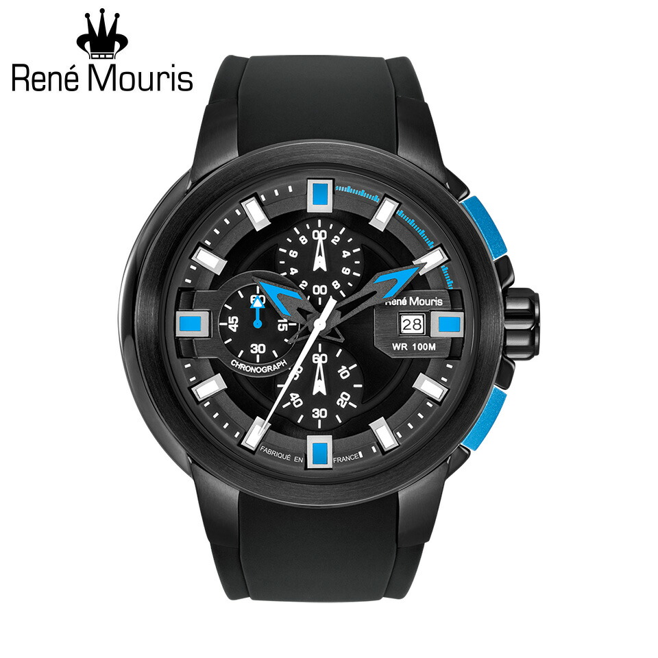 【最大限度2000円クーポン券】 ルネモーリス プロウラー Rene Mouris Prowler 90123RM2 1/10秒クロノグラフ メンズウオッチ 黒いこと/青色 シリコンストラップ フランス共和国時辰儀 運動競技流行り物 腕時計-メンズ腕時計
