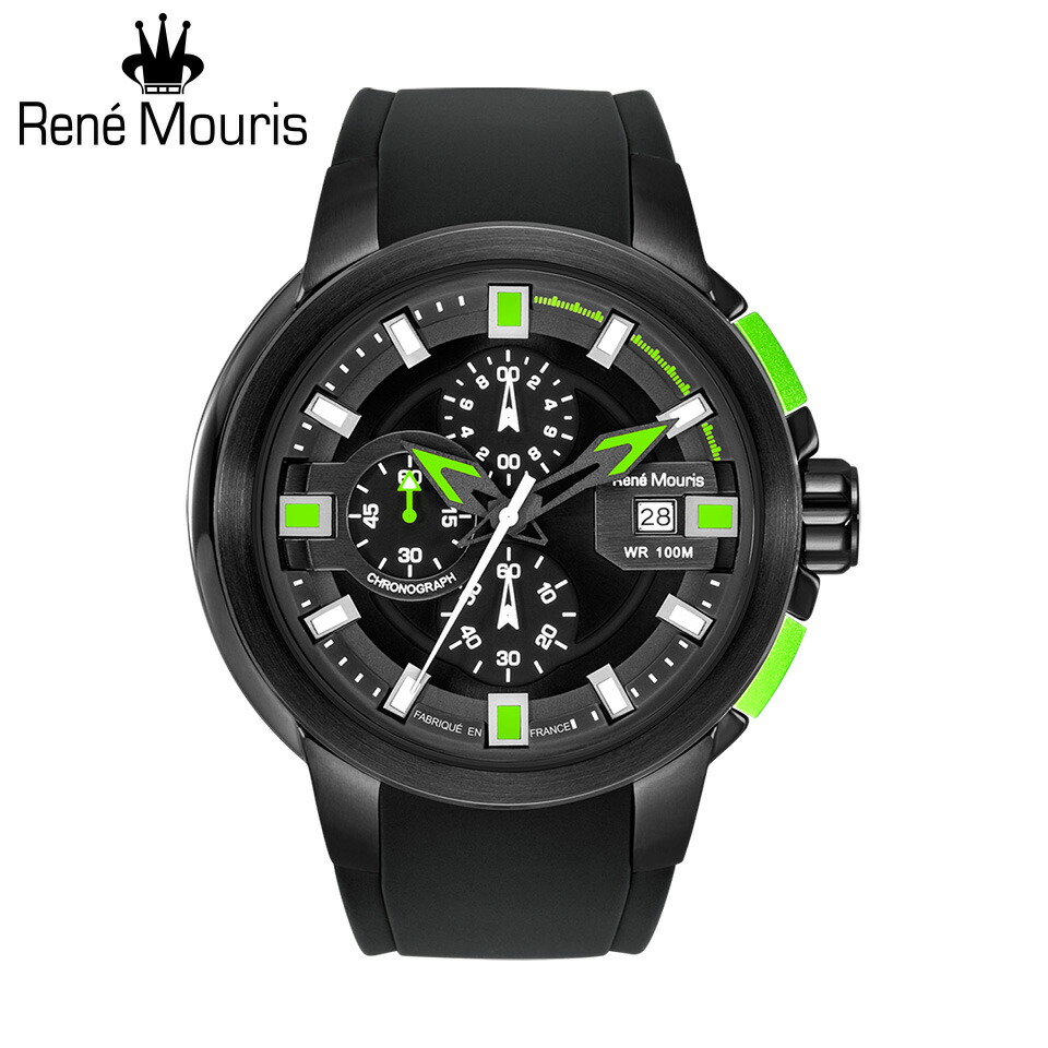 ルネモーリス プロウラー Rene Mouris Prowler 90123RM4 1/10秒クロノグラフ メンズ腕時計 ブラック/グリーン シリコンストラップ フランス時計 スポーツファッション