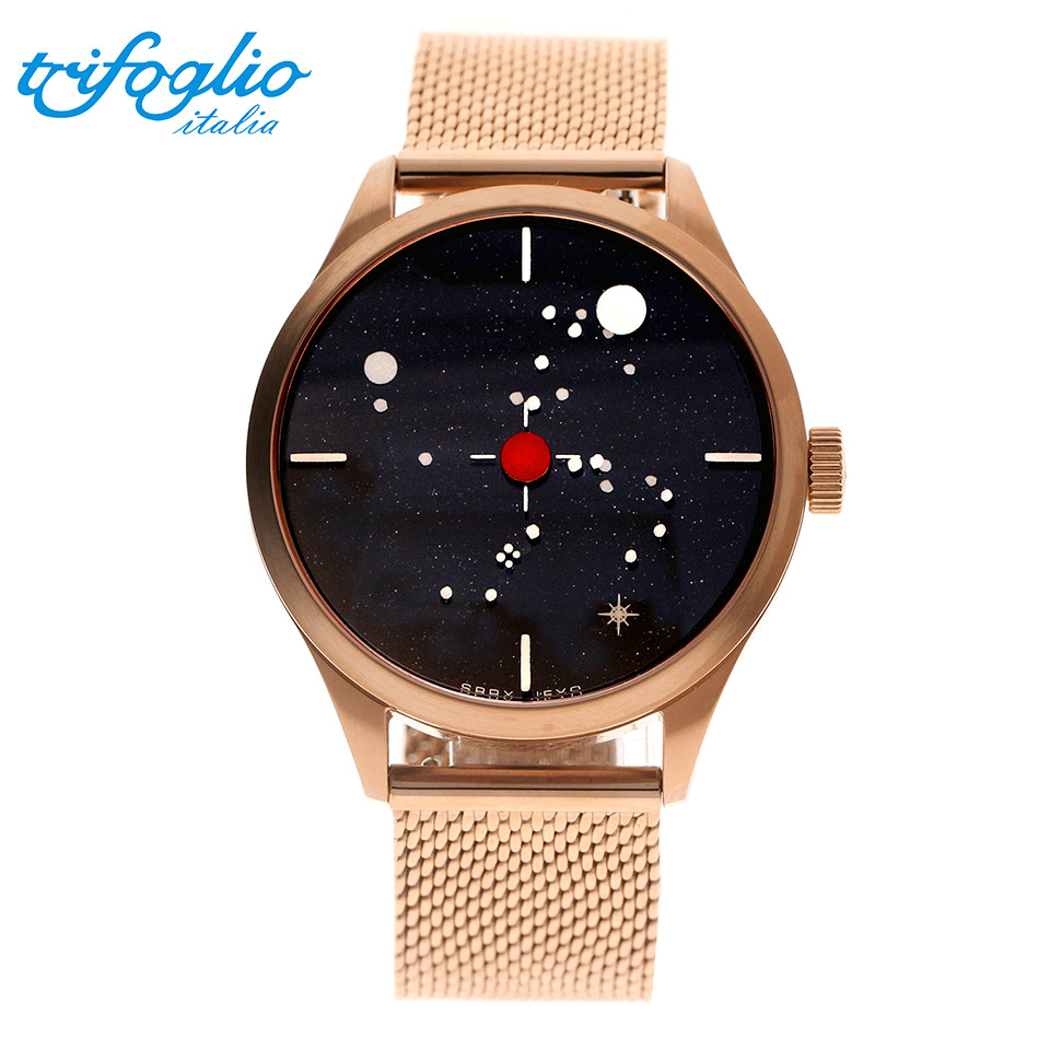 【最大限度2000円クーポン券】 トリフォグリオ オリオン (Trifoglio Italia ORION) SPAX000RG 辰宿 星空 60年月日 不可思議文字盤 回転させるレコード盤文字記号盤 機械類式ウオッチ イタリア共和国時辰儀  IPサクラ色ゴールド ミラネーゼブレス ステンレスメッシュベルト 自動小銃一巻き