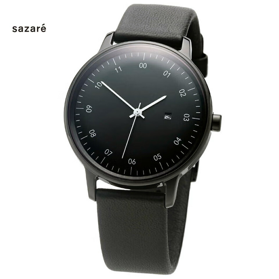 【最大限度2000円引き換え証】 sazare さざれ石 SK01 SS ウォッチ ユニ一発やる 38粍 日本製 ミニマル 分かりやすい 黒いこと鏡面入れもの / 黒いこと文字記号盤 / ブラックシープスキンベルト / Ref. 01.03.00