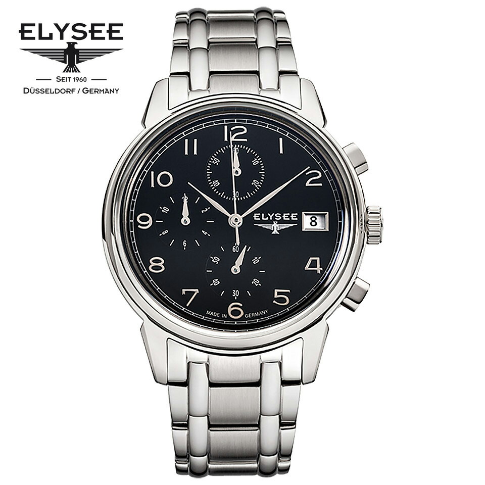【最大限度2000円引き換え証】 ELYSEE(エリーゼ) ＦＲＧ時辰儀 VINTAGE CHRONO 80551S 黒いこと/しろがね色 クロノグラフ 黒文字盤 SSブレス 金属元素腕輪 1930年月日 ヴィンテージ 古典派音楽 メンズウォッチ ＦＲＧ製