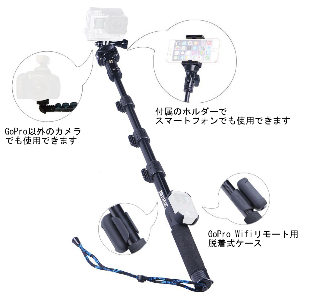 楽天市場 Gopro Gopro用 モノポッド セルカ棒 Iphone6sや スマートフォン Gopro以外のカメラにも使用可能 軽量 アルミ合金製 最長123cm Hero6 Hero5 Hero4 Hero3 アクセサリー マウント 自撮り棒 一脚 セルフィー Smatree Smapole ゴープロ Session ガジェラボ