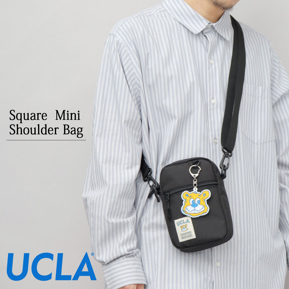 UCLA ユーシーエルエー ショルダーバッグ メンズ レディース 小さめ 縦型 ミニショルダー 斜めがけ 肩掛け バッグ ラバーチャーム付き かわいい シンプル 無地 黒 おしゃれ 母の日 父の日