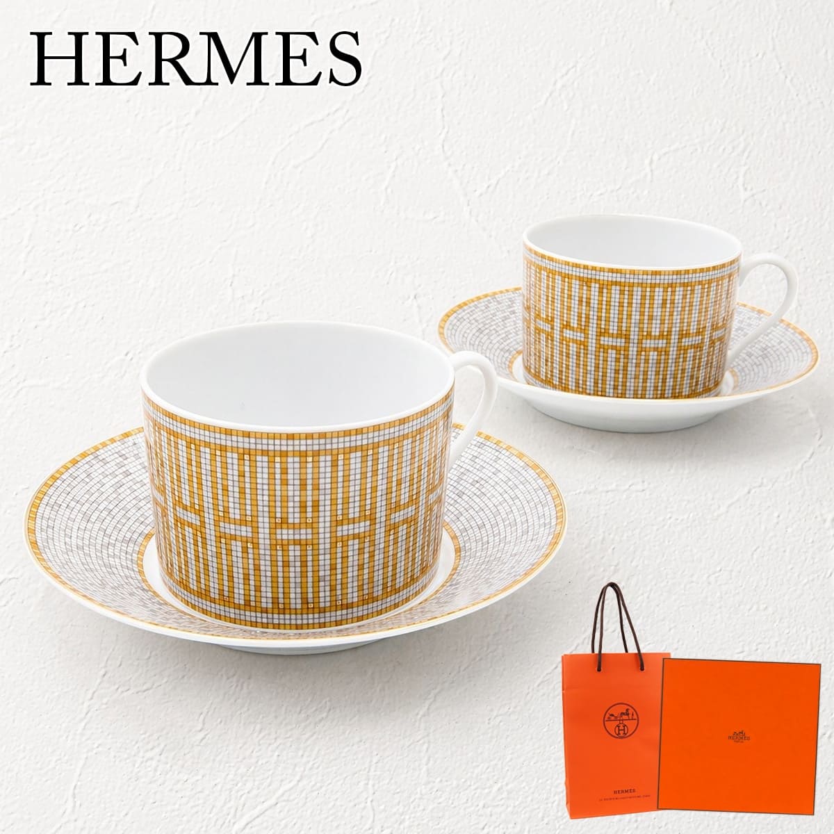 エルメス カップ&ソーサー 2客セット HERMES モーニングカップ モザイク24 ゴールド 食器 コーヒーカップ ブランド 高級 おしゃれ 人気 ギフト 結婚祝い 026015P|プレミアマーケット店