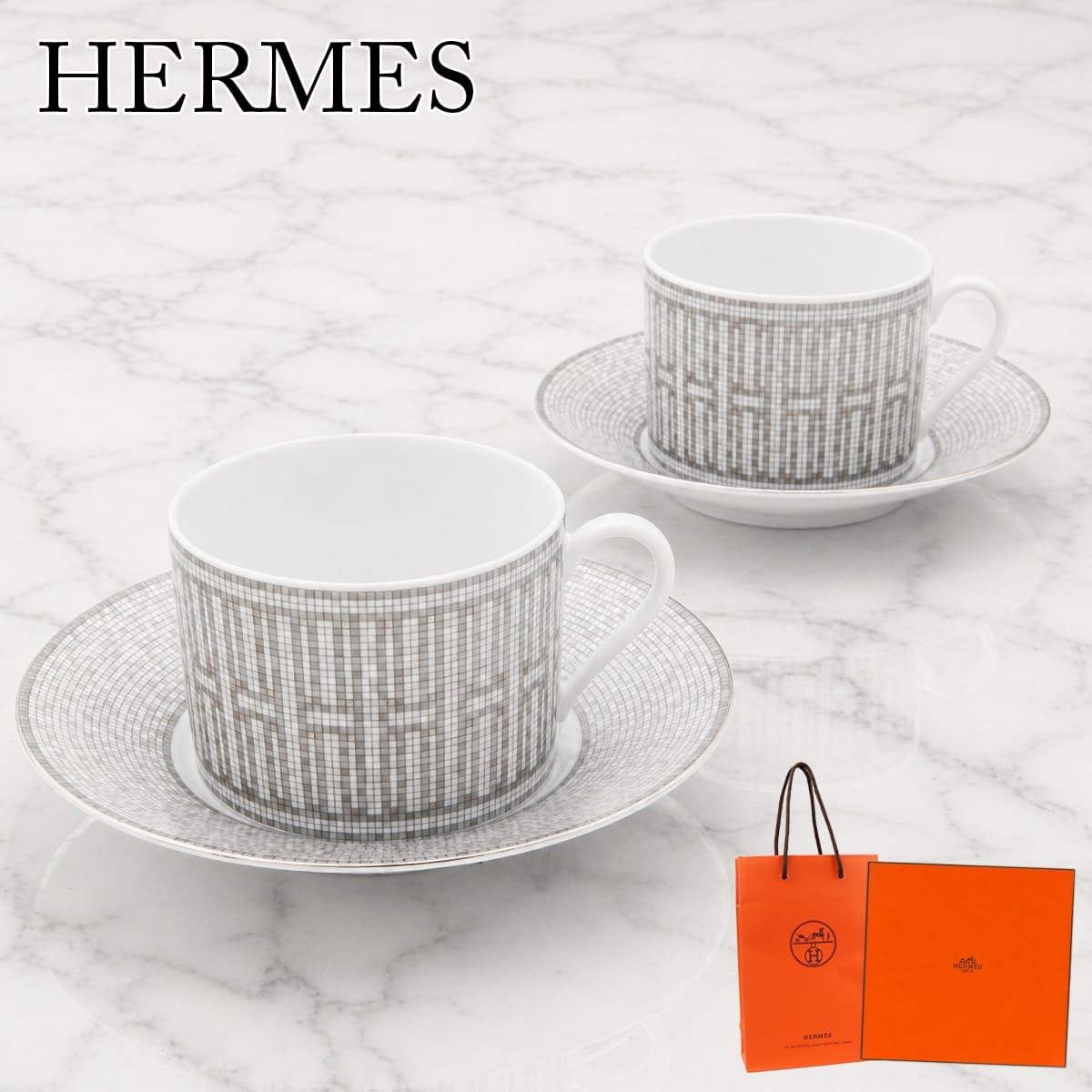 エルメス カップ＆ソーサー 2客セット HERMES ティーカップ モザイク24 プラチナ 食器 紅茶カップ シルバー ブランド 高級 おしゃれ 人気 ギフト 結婚祝い 035016P｜プレミアマーケット店