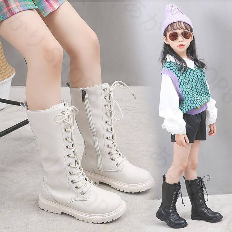 女の子 編み上げ ブーツ ファスナー付き 黒 ダンスシューズ ヒップホップ ジャズダンス 白 ミドル丈 ロングブーツ 黒 ダンス靴 ローヒール ラウンドトゥ カナヲ コスプレ アイドル 靴 ラブライブ キッズ HIPHOP JAZZ イベント画像