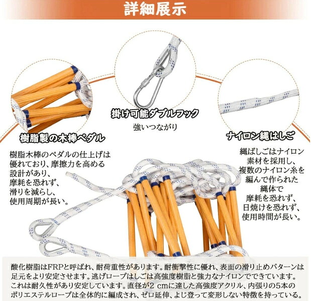 避難はしご 縄はしご 家庭用樹脂製はしご 逃げはしご 救難ロープ 消防はしご ロープラダー 柔らかい 滑り止め摩耗高高度作業工程はしご 装着簡単 安全くん エスケープ 災害 救難 救援 逃げなど緊急対応に 緊急対応 収納簡単 カラビナ付き 送料無料｜グラムガジェットガール