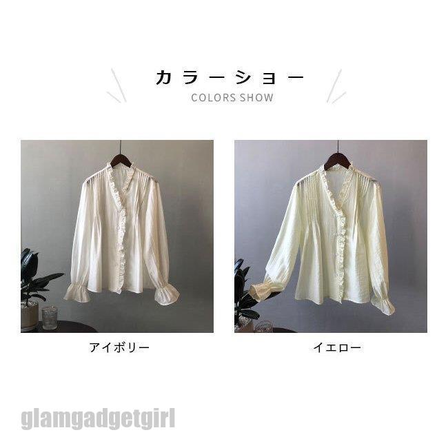 送料無料 ブラウス 長袖 レディース フリルブラウス レトロ Vネック プリーツブラウス ゆったり 長袖シャツ おしゃれ 長袖ブラウス 前開き バレンタイン プレゼント 新生活