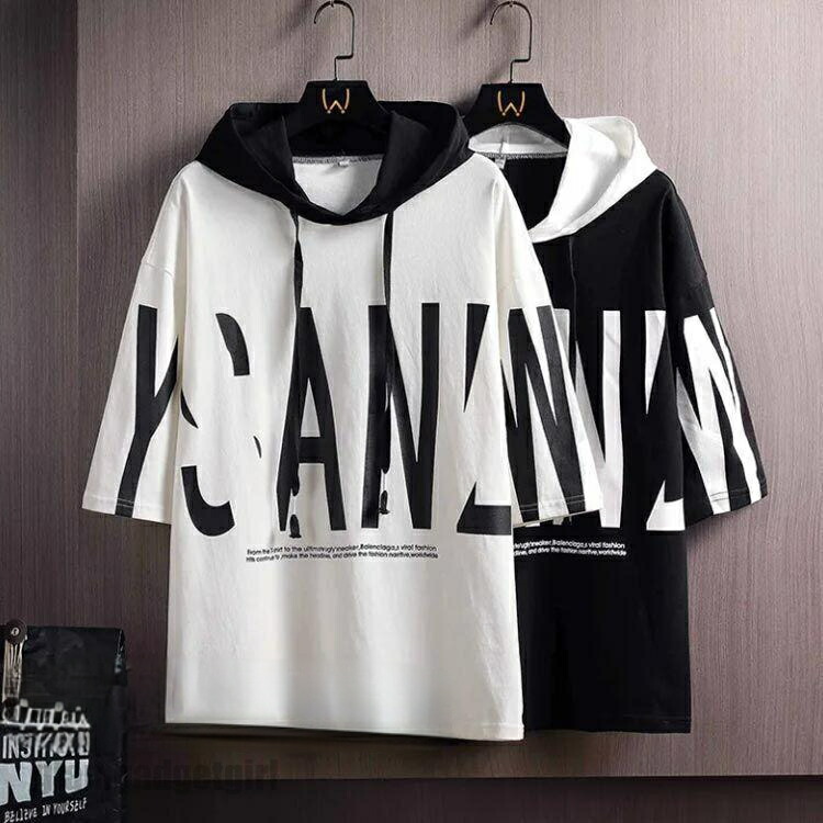 新生活 半袖Tシャツ 5分袖 パーカー 半袖パーカー メンズ ゆるtシャツ ドロップショルダー 大きいサイズ トップス ストリート系 カットソー バイカラー プレゼント ギフト 春 春服 春物