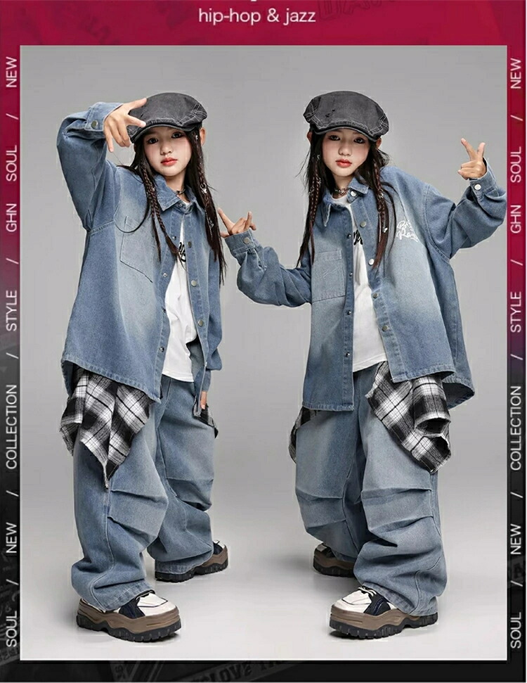 キッズ ダンス 衣装 セットアップ デニム 上下セット 紺色 ヒップホップ 衣装 キッズ 子供服 男の子 女の子 tシャツ 長袖 パンツ ロング丈 デニム 青 お洒落 練習着 団体服 k-pop ストリートダンス おしゃれ HIPHOP
