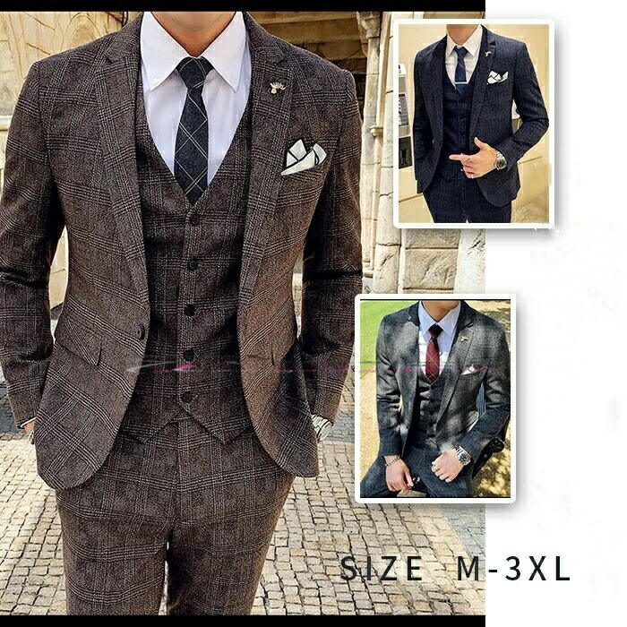 レギ 上下セット セットアップ ビジネススーツ ジャケット+パンツ+ベスト 3点セット 長袖 紳士服 男 メンズ スリムスーツ スーツ