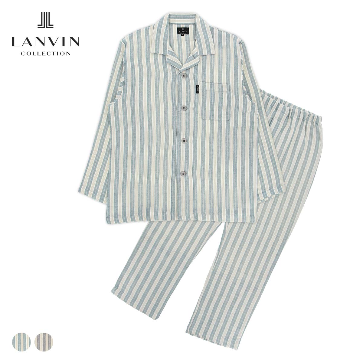 大売り出し！ LANVIN COLLECTION ランバン 寄せあわせ 上下書き割り【M・L大いさ】先染め3重ガーゼ ふっくらエアタンブル産業 綿100％ 縞模様 長袖 前名取り草 前車のドア パジャマ メンズ 成人男性 成人男性 御部屋着 あたたかい 差し上げ物 差し上げ物 54440010