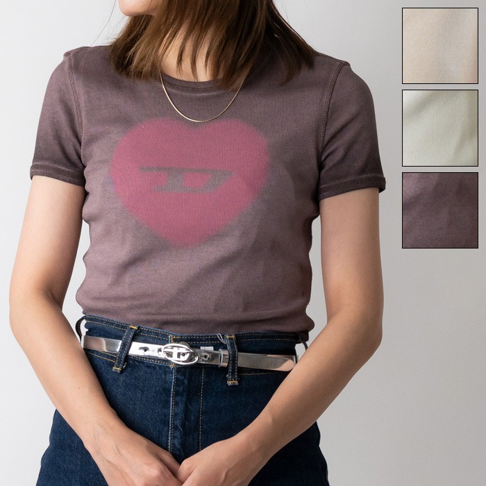 【FLAT PRICE】DIESEL ディーゼル 半袖Tシャツ T-ELE A12836 0SQAD レディース クルーネック カットソー コットン リブ ストレッチ ロゴ ハート[po_fifte]｜GLANCEED（グランシード）