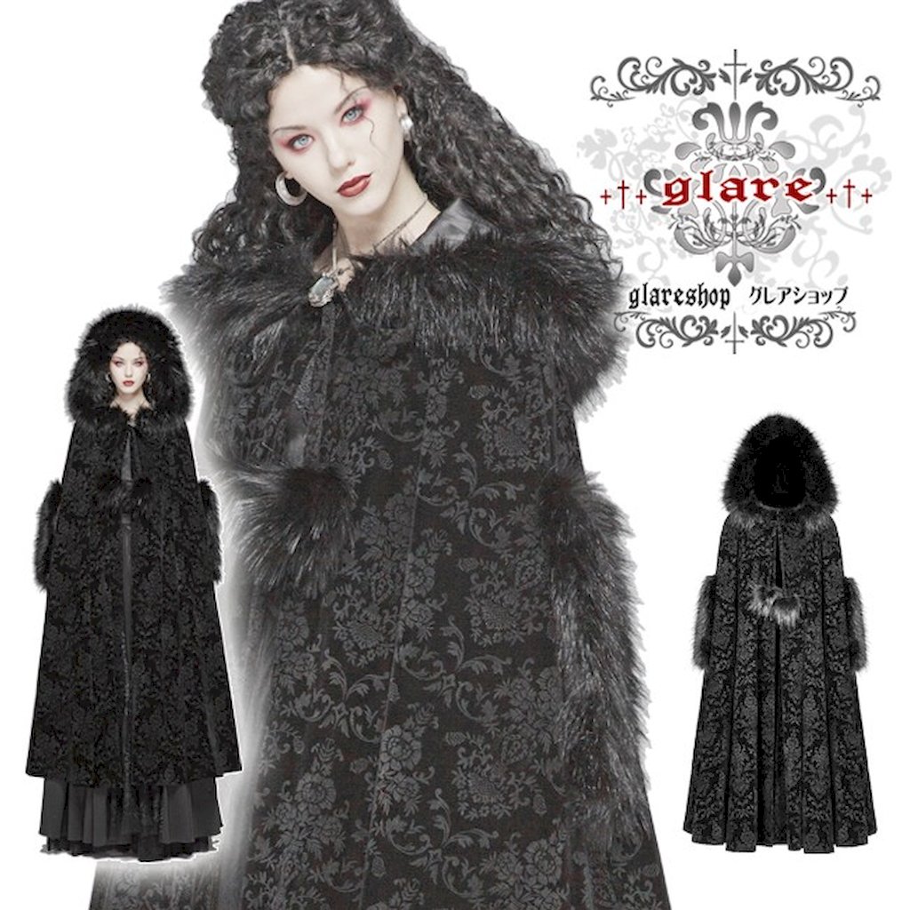 glareshop グレアショップ「F」JX561-B■ファー付き コート ロング丈 ゴスロリ ゴシック ダマスク柄 ジャガード フード付き 袖穴 マント 黒 ブラック レディース | 地雷系 ヴィジュアル系 V系 モード系 コスプレ ステージ 衣装 服 [PUNK RAVE] Gothic Gorgeous Cloak