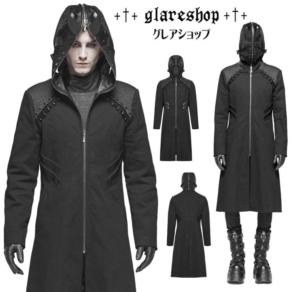 glareshop グレアショップ「M.S-M.5XL」JX585-B■サイバーパンクフード付きコート ミドル丈 近未来的 パンク ジップアップパーカー 黒 ブラック メンズ | ゴスロリファッション ヴィジュアル系 V系 モード系 コスプレ ステージ 衣装 服 [PUNK RAVE] Punk's weird coat