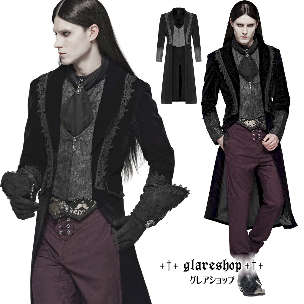 glareshop グレアショップ「M.S-M.5XL」JX694-man-B■ゴシック 厚地の外套 真っただ中丈 花の冠yd風 黒 黒いこと メンズ | ゴスロリ ゴシック 成人男性 流行り物 水蒸気張り裂ける 視覚的系 V系 流行り物系 コスプレ 公演 御召しもの 服 [PUNK RAVE] Gothic Medium Length Jacket