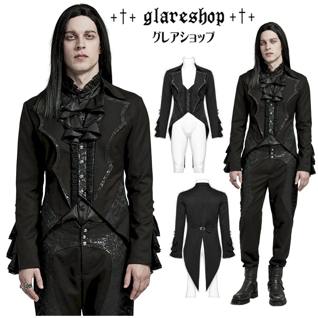 glareshop グレアショップ「M.S-M.5XL」JX915-B■ゴス成人男性正装 真っただ中丈 エレガントジャカード 重ね着風 黒 黒いこと メンズ | ゴスロリファッション 視覚的系 V系 コスプレ 公演 御召しもの 服 [PUNK RAVE] Goth Gentleman\u0027s tailcoat