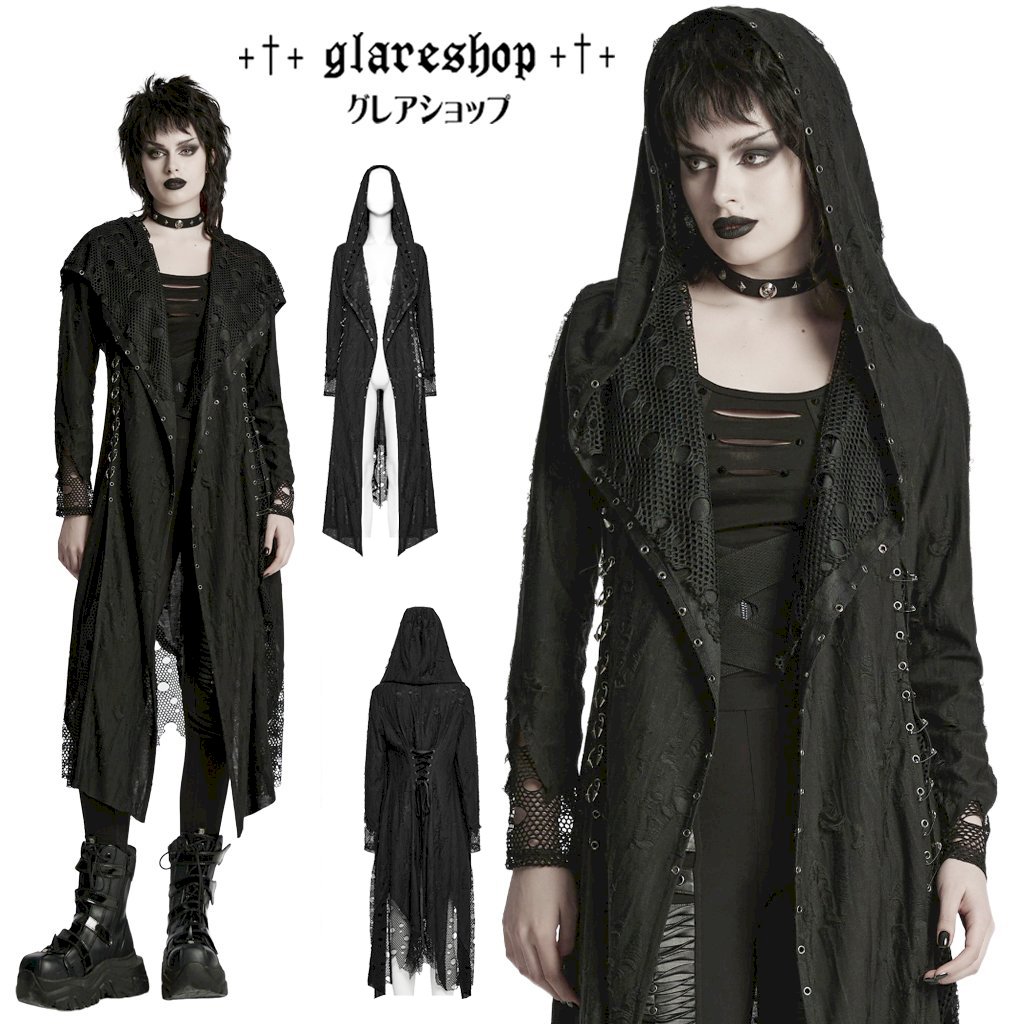 glareshop グレアショップ「S/L/2XL/3XL/5XL」JX967-B■ゴシックアシンメトリーニットフード付きトレンチコート カーディガン 黒 ブラック レディース | ヴィジュアル系 V系 [PUNK RAVE] Gothic Decadent Asymmetric Knitted Hooded Trench Coat