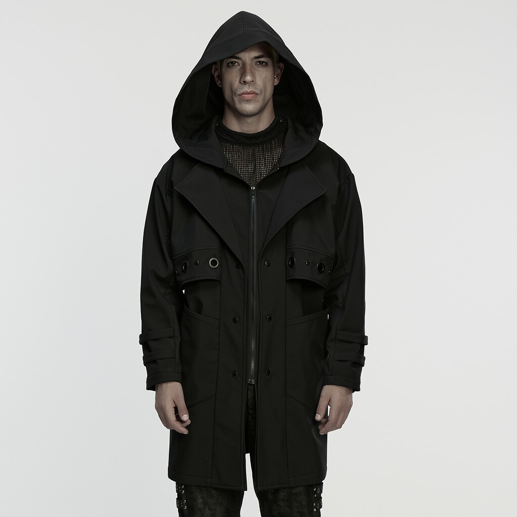 glareshop グレアショップ「M.S-M.5XL」JXA033-B■ゴシック雨合羽テックウェアフードジャケット ジップアップパーカー 黒 黒いこと メンズ | 視覚的系 V系 コスプレ 公演 [PUNK RAVE] Gothic Waterproof Techwear Hooded Jacket