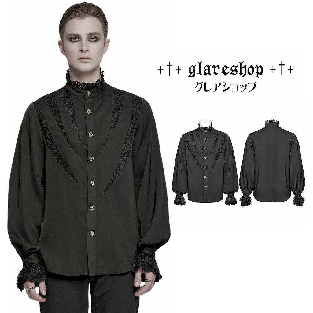 glareshop グレアショップ「M.S-M.5XL」TXA373-B■ゴシック ヴィンテージ レース スプライシング シャツ 黒 ブラック メンズ | ゴスロリ ヴィジュアル系 V系 モード系 コスプレ ステージ 衣装 服 [PUNK RAVE] Gothic Vintage Lace Splicing Shirt