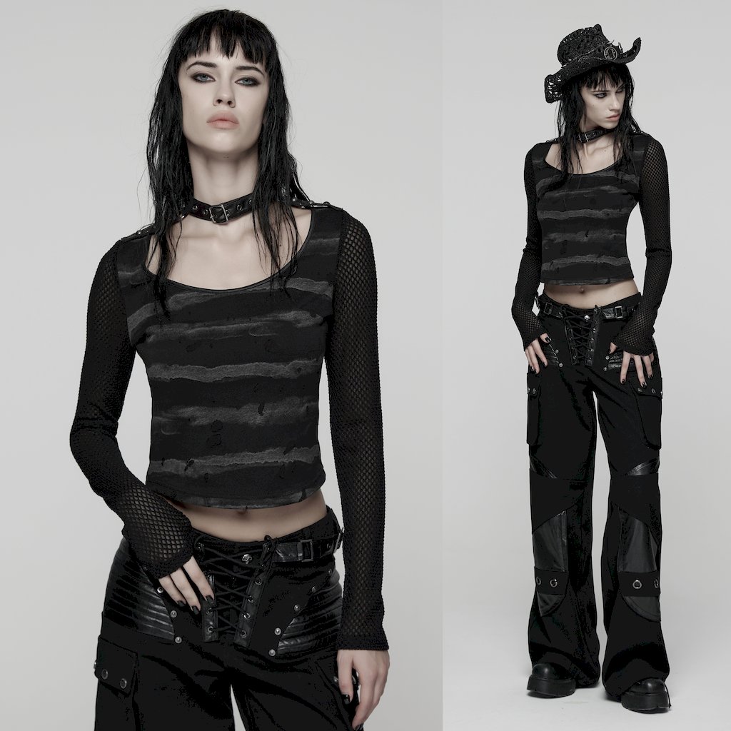 glareshop グレアショップ「S/L/2XL」TXA397-GY■パンクストライプ長袖プルオーバー 黒×薄墨色 レディース | 仕掛地雷系 視覚性系 V系 流行り物系 御召しもの 服 [PUNK RAVE] Punk Stripe Long Sleeve T-Shirt