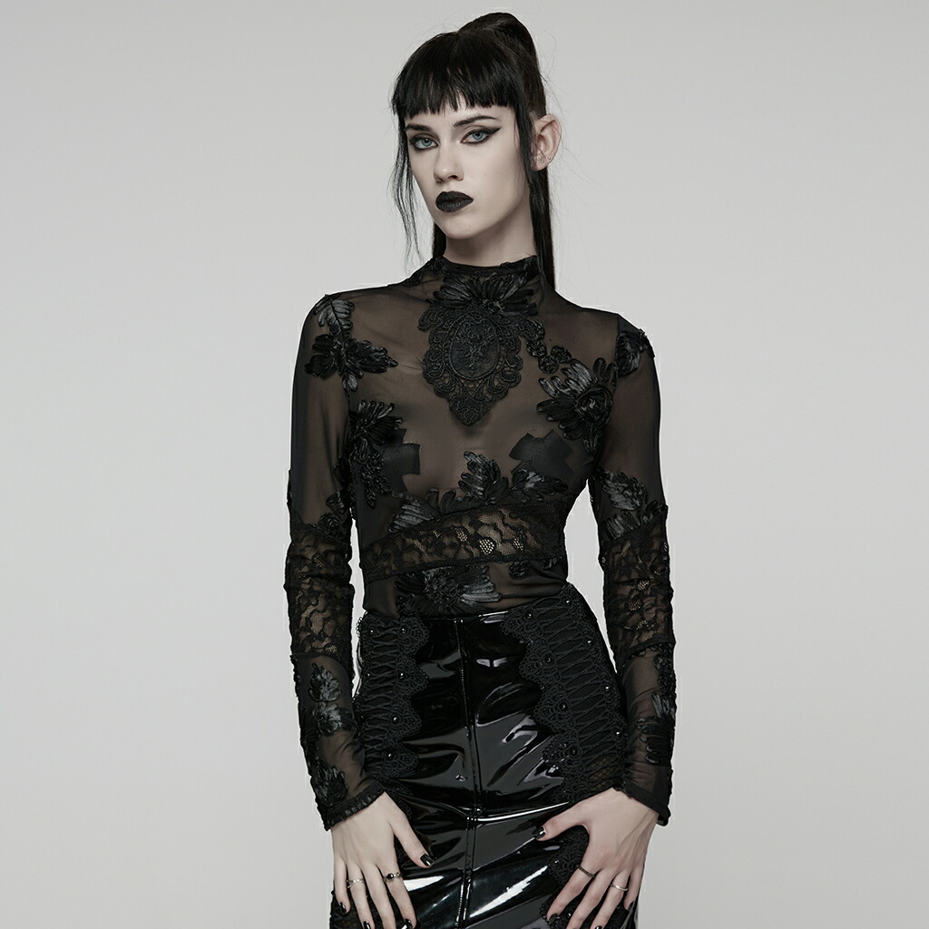 glareshop グレアショップ「S/L/2XL」TXA402-B■ゴシック3Dフローラルメッシュレースアンダーシャツ 黒 レディース | 仕掛地雷系 視覚性系 V系 流行り物系 [PUNK RAVE] Gothic 3D Floral Mesh Lace Undershirt