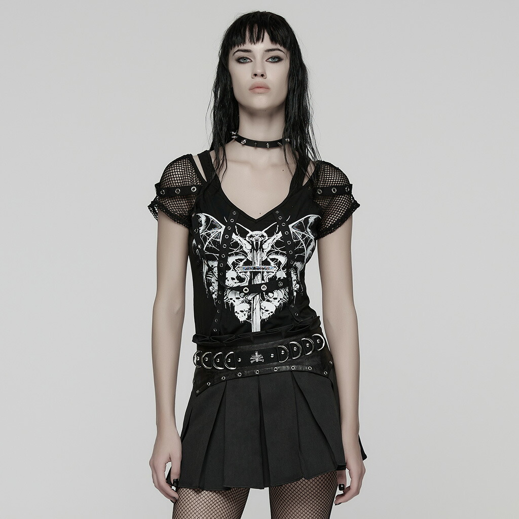 glareshop グレアショップ「S/L/2XL」TXA407-B■パンクプリントメッシュスプライスプルオーバー 黒 レディース | 仕掛地雷系 視覚性系 V系 流行り物系 [PUNK RAVE] Punk Printed Mesh Spliced T-shirt