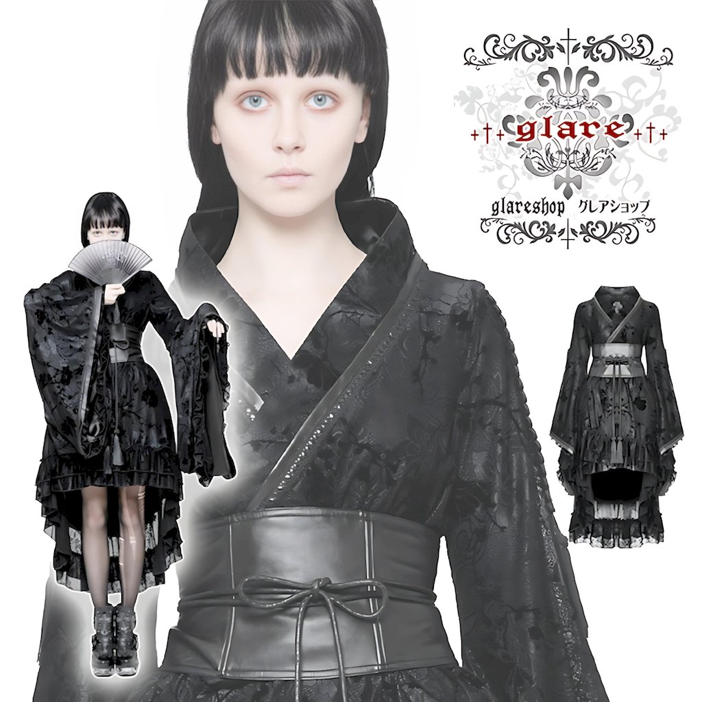 glareshop グレアショップ「S/L/2XL」WX313-B■ゴスロリ ロリータ 花柄 ジャ差し固める 尻っ方とり捨てる 浴衣 帯付き添い人 衣装 黒 レディース | 視覚性系 V系 流行り物系 コスプレ 上演 御召しもの 服 [PUNK RAVE] Gothic Lolita Flocking Printing Kimono Dress