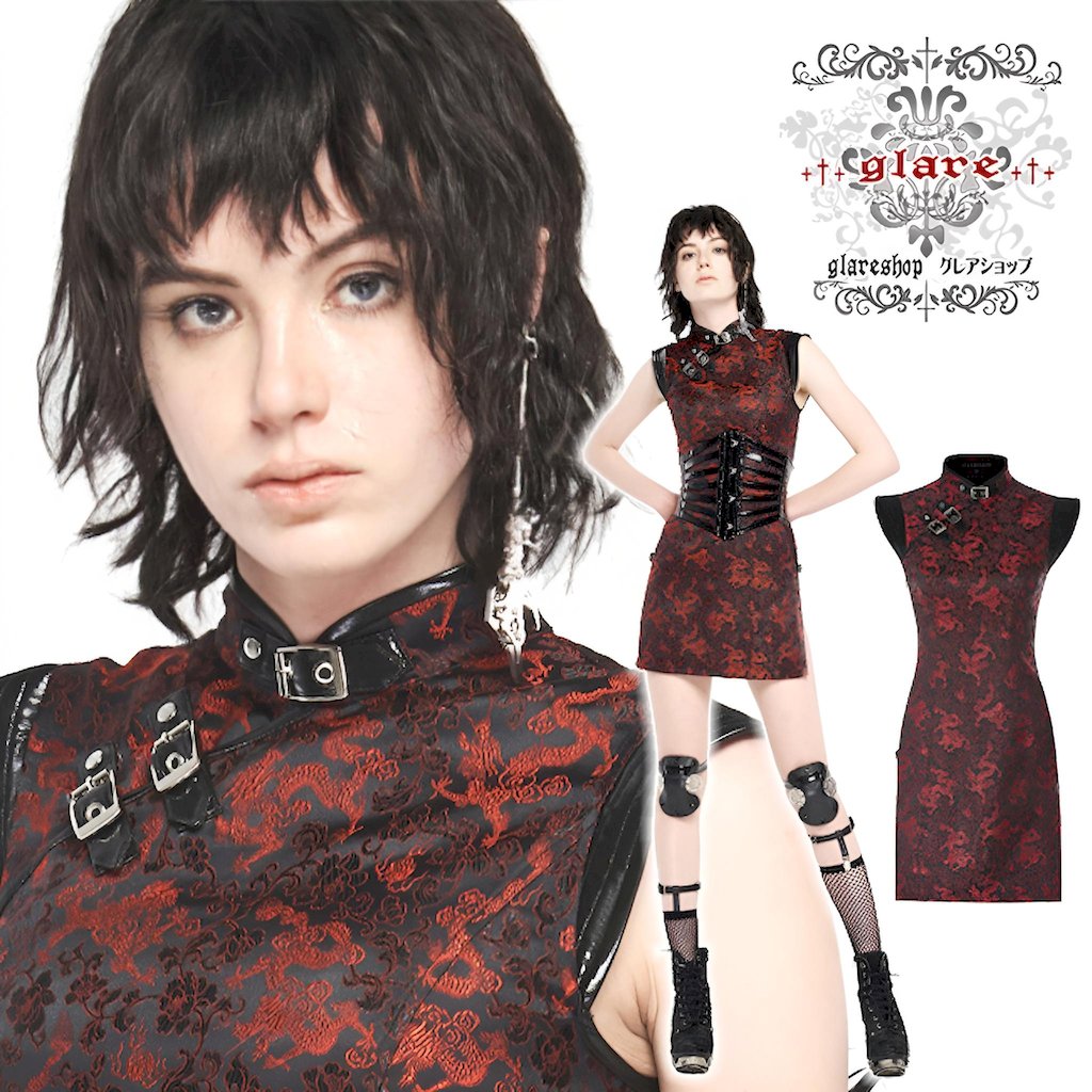 glareshop グレアショップ「XS-4XL」WX480-R■ゴスロリ 瀬戸ものお召しもの ジャかばい立て お召しもの 衣装 華ゴス 赤×黒 レディース | 視覚性系 V系 流行り物系 コスプレ 上演 お召しもの 服 [PUNK RAVE] Chinese Cheongsam Style Cyber Gothic Short Dress ドレス-レディースファッション