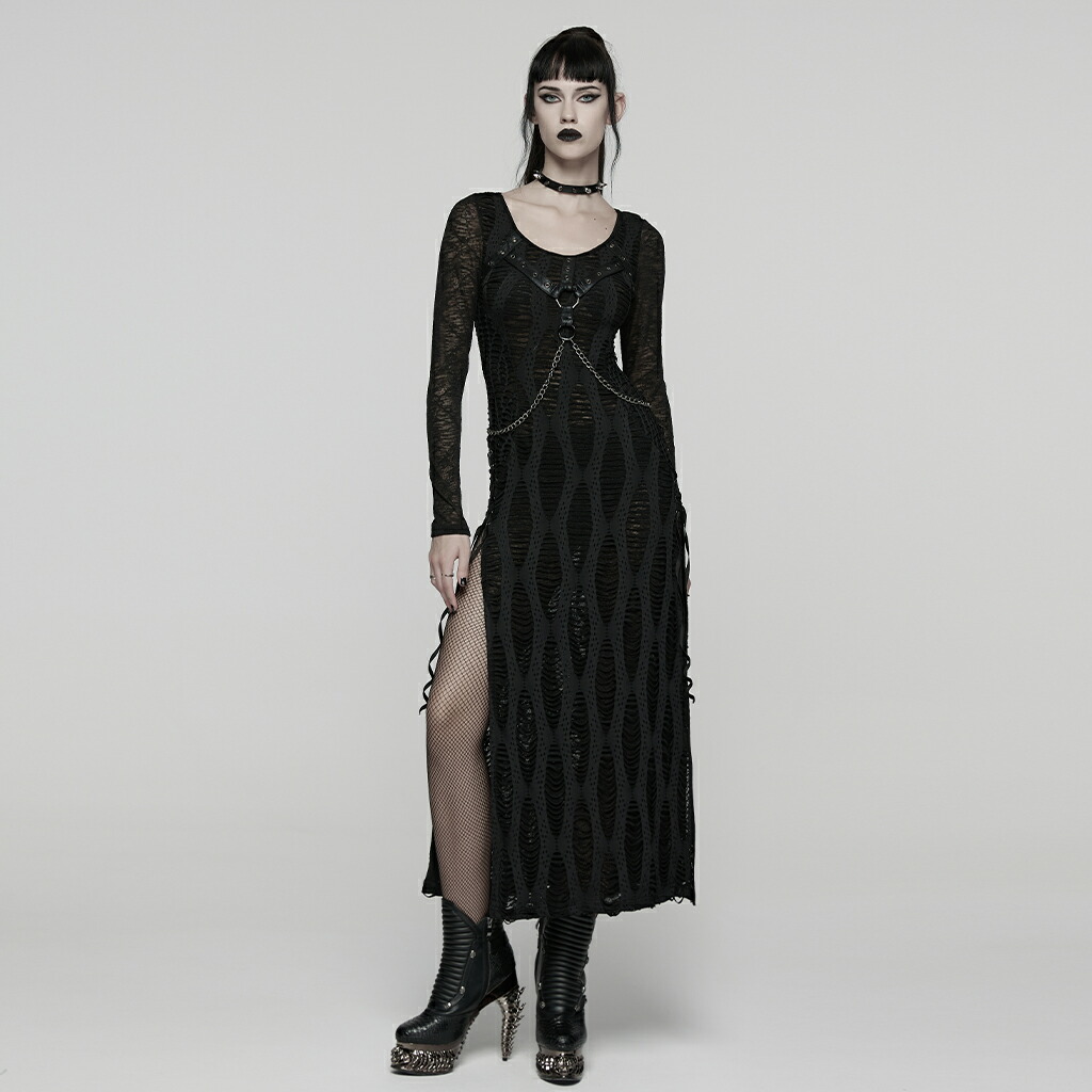 glareshop グレアショップ「S/L/2XL」WX968-B■落ち込み風パンクスリットロングドレス 黒 レディース | 視覚的系 V系 流行り物系 公演 御召しもの 服 [PUNK RAVE] Decadent Punk Style Slit Long Dress