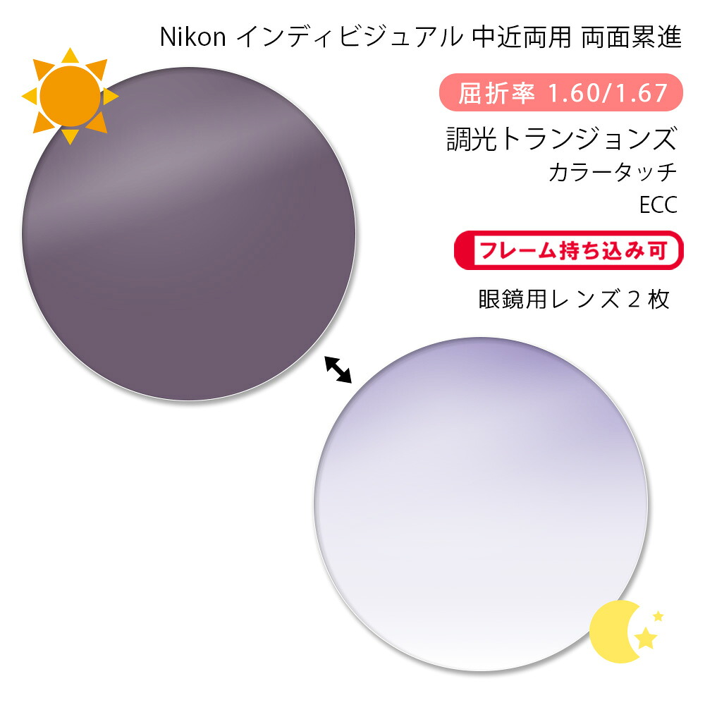【カラー調光 中近両用 メガネレンズ交換】両面累進ニコン ロハス ハンドレッド ゼット 160/167 ホーム トランジションズ カラータッチ イージークリーンコートNikon LOHAS100 Z HM Transitions color touch ECC｜GLASS-M