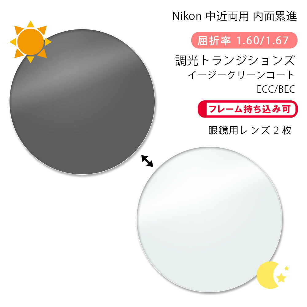 【調光 中近両用 メガネレンズ交換】内面累進 ニコン ロハス セブン 160/167 ホーム トランジションズ GEN S ECC/BEC Nikon LOHAS SEVEN Home Transitions GEN S ECC/BEC