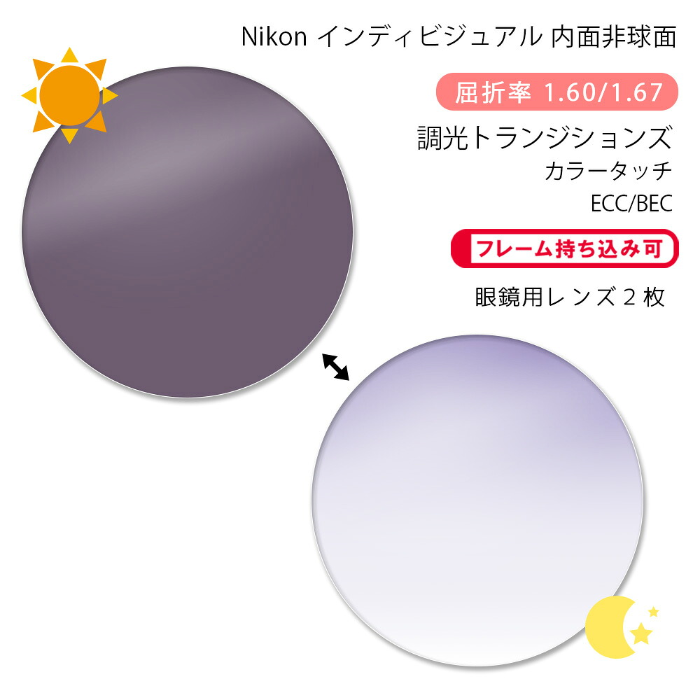 【カラー調光 メガネレンズ交換】内面非球面ニコン ビューフィット３/４-インフィニット トランジションズ カラータッチ ECC/BECNikon VIEW FIT3/4-INF Transitions color touch ECC/BEC｜GLASS-M