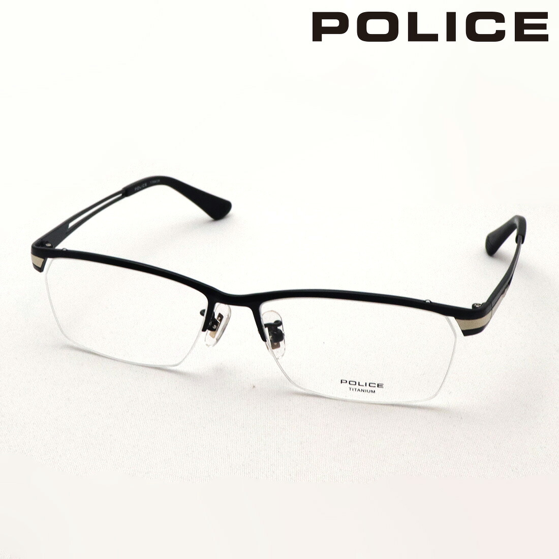 NewModel ポリス メガネ 正規販売店 POLICE VPLM45J 0531 TITANIUM チタニウム 伊達メガネ 度付き ブルーライト カット 眼鏡 黒縁 メタル ハーフリム ブラック系 メンズ