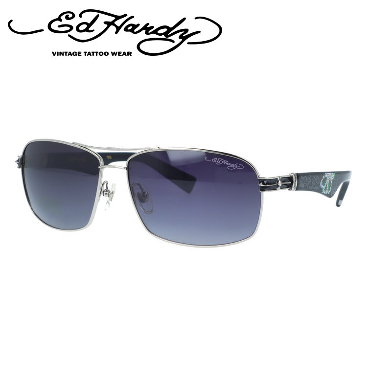 【訳あり】エドハーディー サングラス 偏光サングラス アジアンフィット Ed Hardy SKULL 2（SILVER） 62サイズ スクエア型 アウトレット品 ユニセックス メンズ レディース