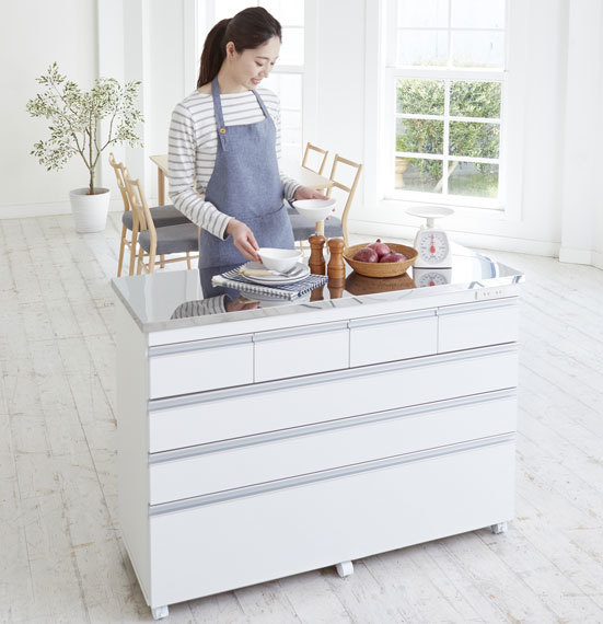 楽天市場 送料 開梱設置無料 ステンレス天板鏡面キッチンカウンター幅１２０ ４段 キャスター コンセント付き 頑丈引き出し 家具インテリア Glassy