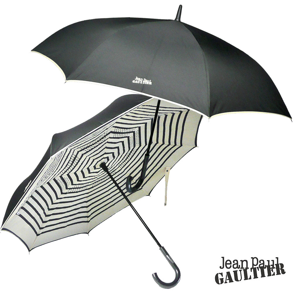 2023AW 再入荷 Jean Paul GAULTIER ジャンポール ゴルチエ OUVERTURE INVERSEE 裏ストライプ 晴雨兼用傘  長傘 JPG400傘 黒 ブラック ボーダー ギフト プレゼント ユニセックス メンズ 父の日 実用的 贈り物 | GLICINE