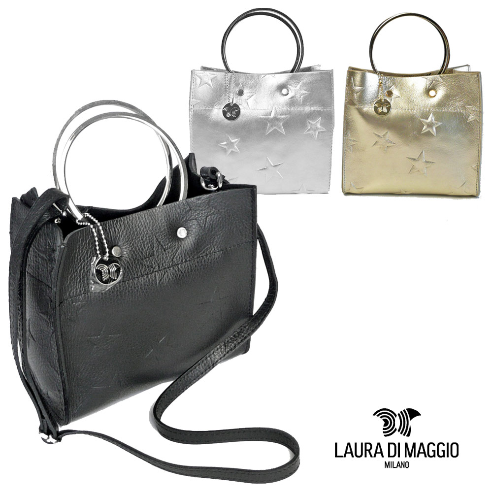 SALE SILVER ラスト1点 残りわずか ローラ ディ マッジオ LAURA DI MAGGIO カーフレザー 2way リングハンドル  ミニバッグ レディース 星型押し 227スターモチーフ スター 星柄 星 ブラック 黒 シルバー ゴールド メタリック laura di maggio  | 