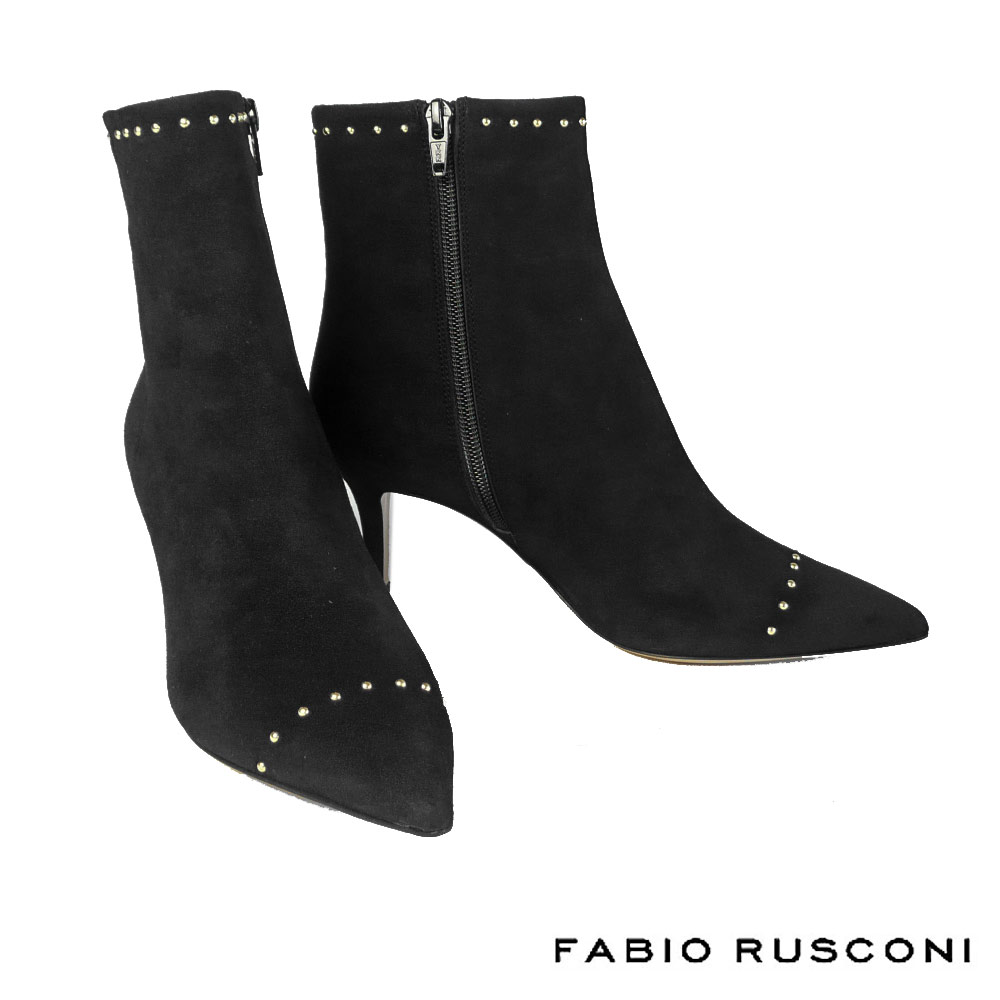 ファビオルスコーニ FABIO RUSCONI スエード ポインテッドトゥ ショートブーツ OSLO キッドレザー ヒール スタッズ 黒 ブラック 大きいサイズ fabio rusconi