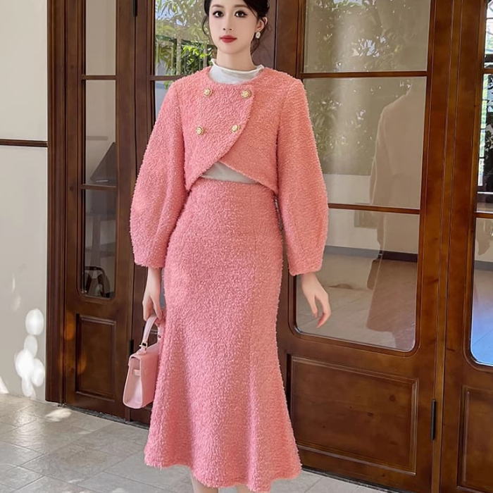 楽天市場】スカートセットアップ ノーカラー ツイード ボタン 長袖