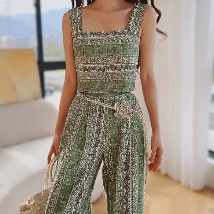 セットアップ ノースリーブトップス パンツ 花柄 エレガント 夏 She's Closet セットアップ 花柄ボタニカル刺繍メッシュシアー