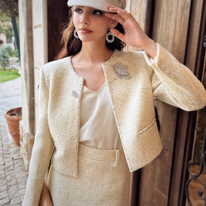 楽天市場】スカートセットアップ ノーカラー ラメ ツイード パイピング